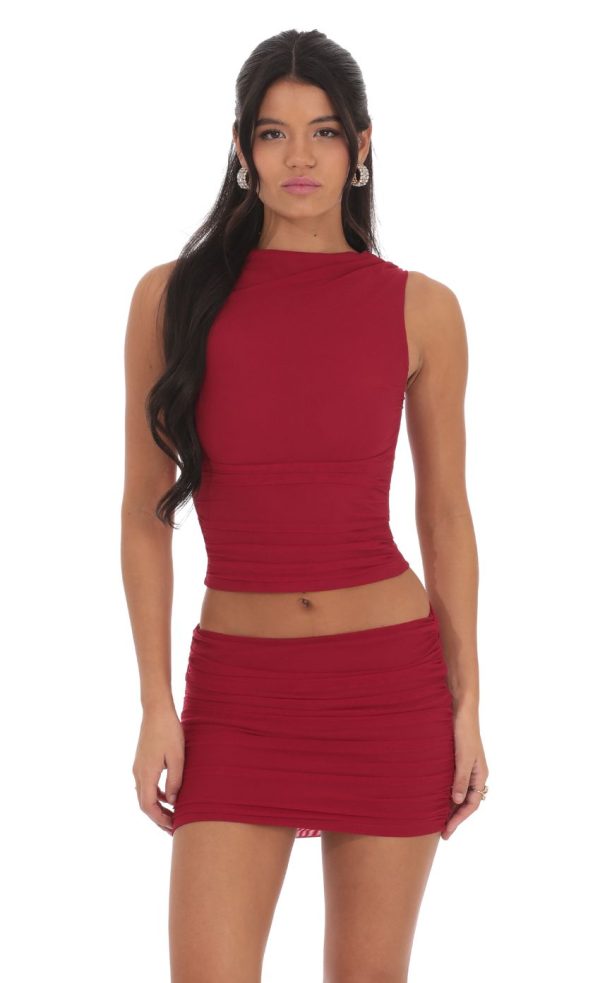 High Neck Mesh Two Piece Set in Red