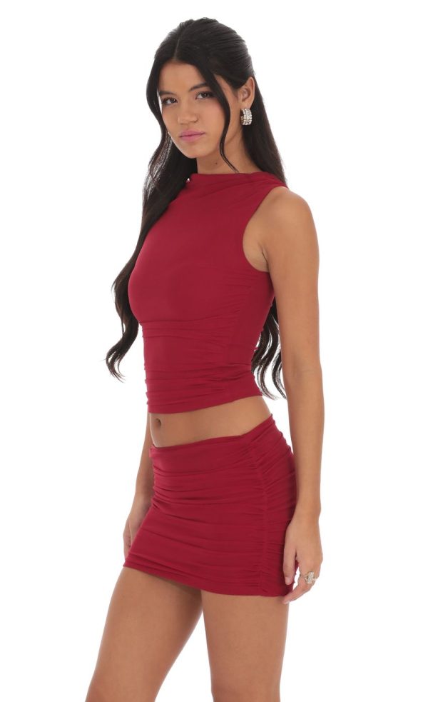 High Neck Mesh Two Piece Set in Red - Image 3