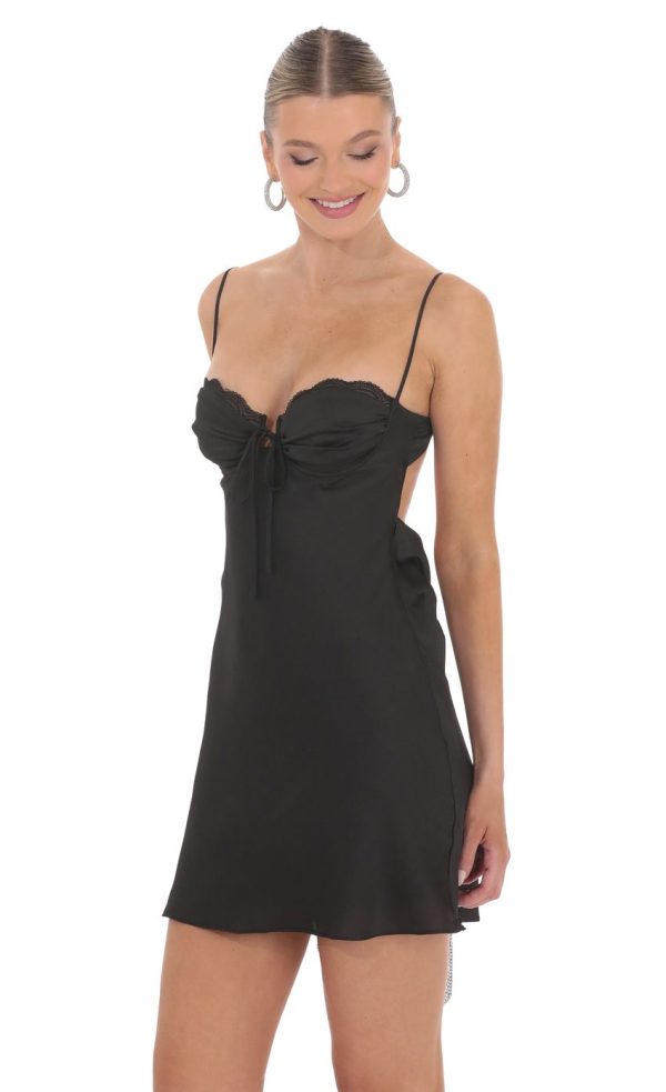 Satin Open Back Dress in Black