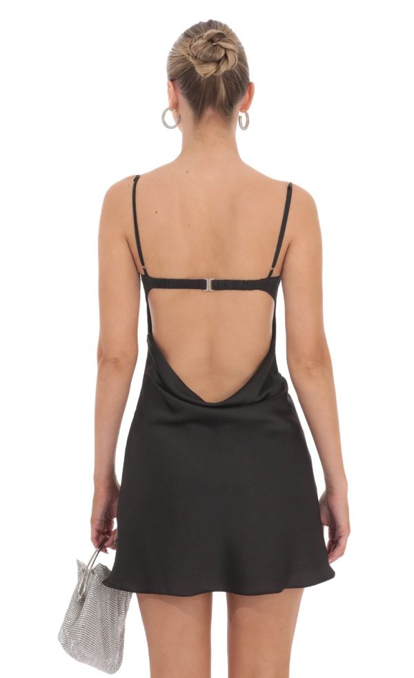 Satin Open Back Dress in Black - Image 3