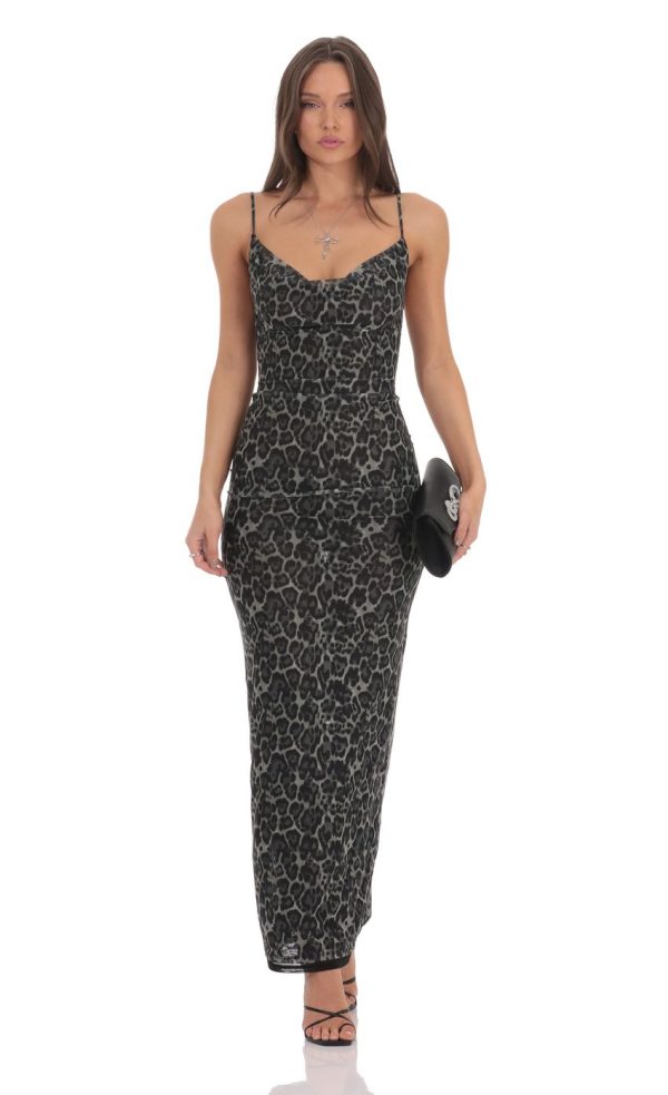 Mesh Cowl Neck Maxi Dress in Cheetah Print - Image 3