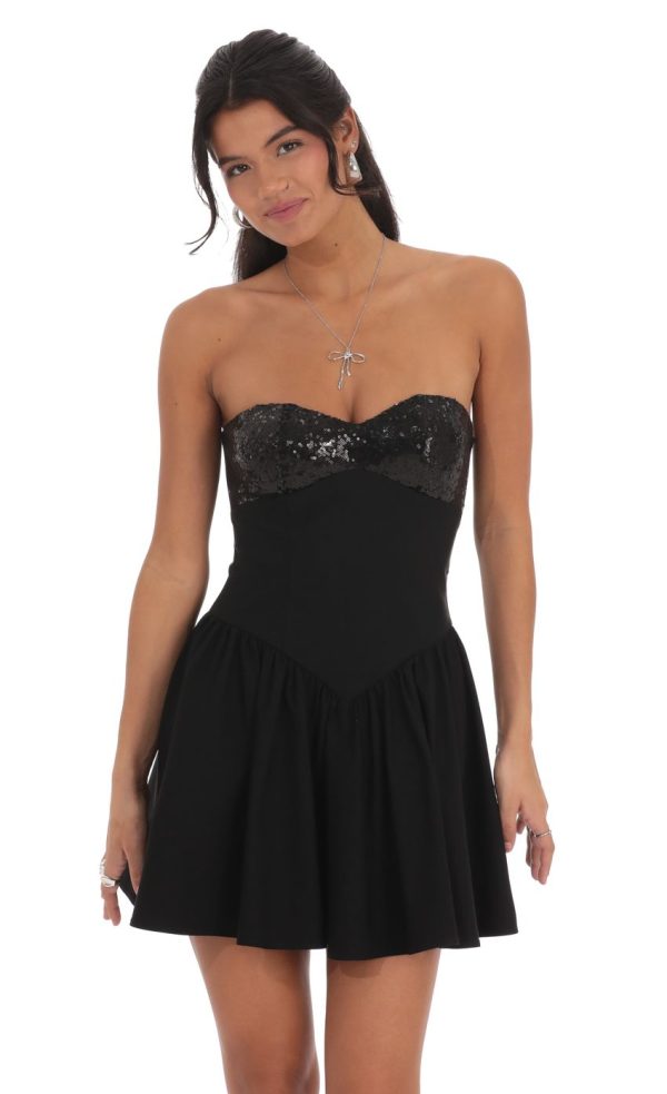 Sequin Strapless Fit and Flare Dress in Black - Image 3