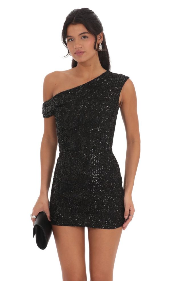 Off Shoulder Sequin Bodycon Dress in Black - Image 3