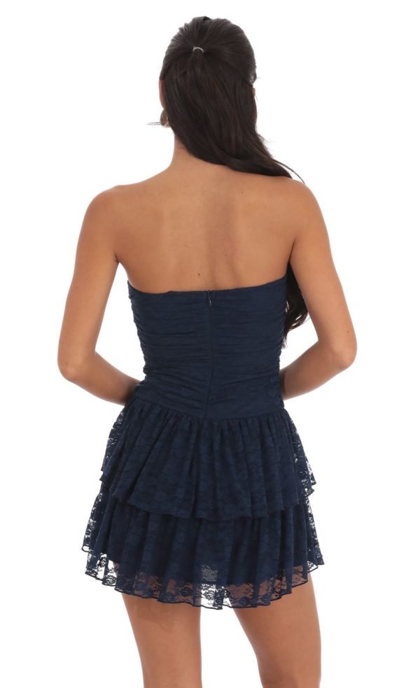 Lace Strapless Ruched Ruffle Dress in Navy - Image 2