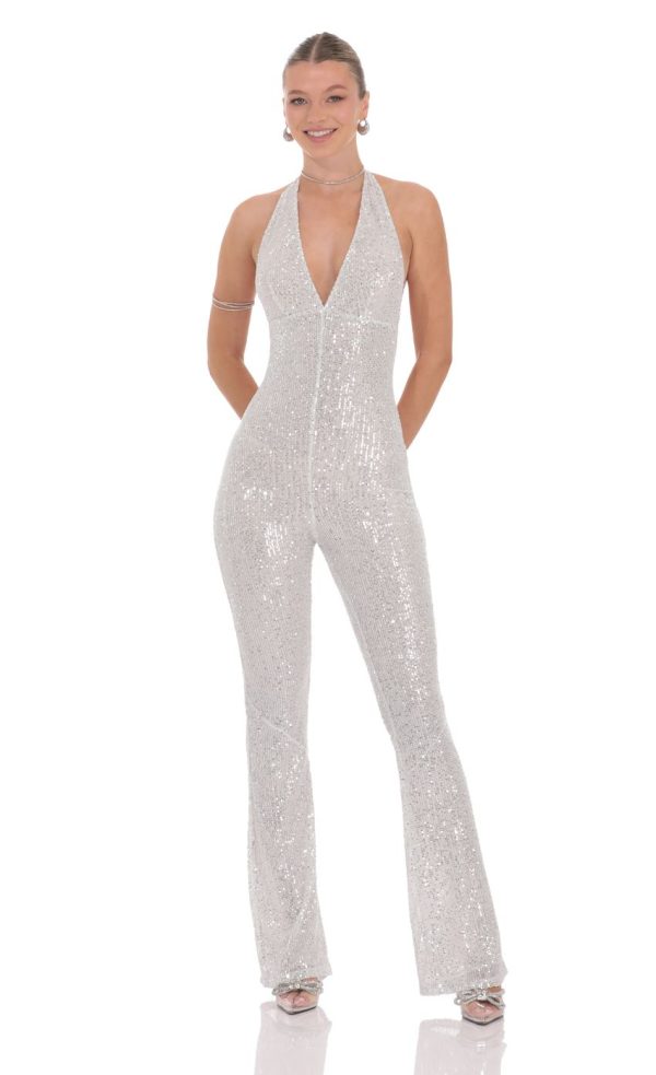Sequin Halter Jumpsuit in White