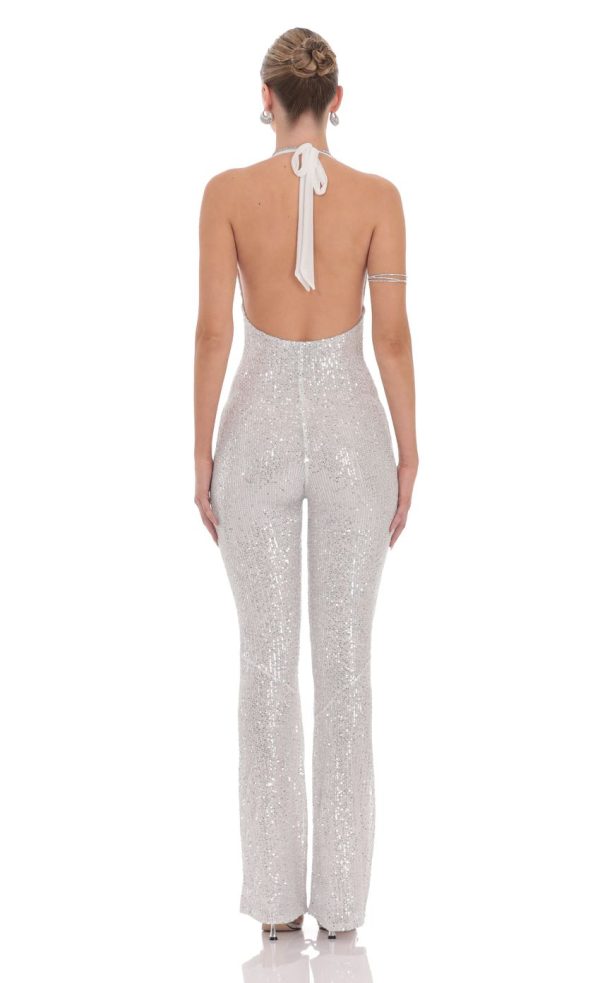 Sequin Halter Jumpsuit in White - Image 2