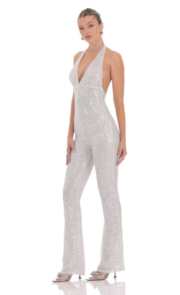 Sequin Halter Jumpsuit in White - Image 3