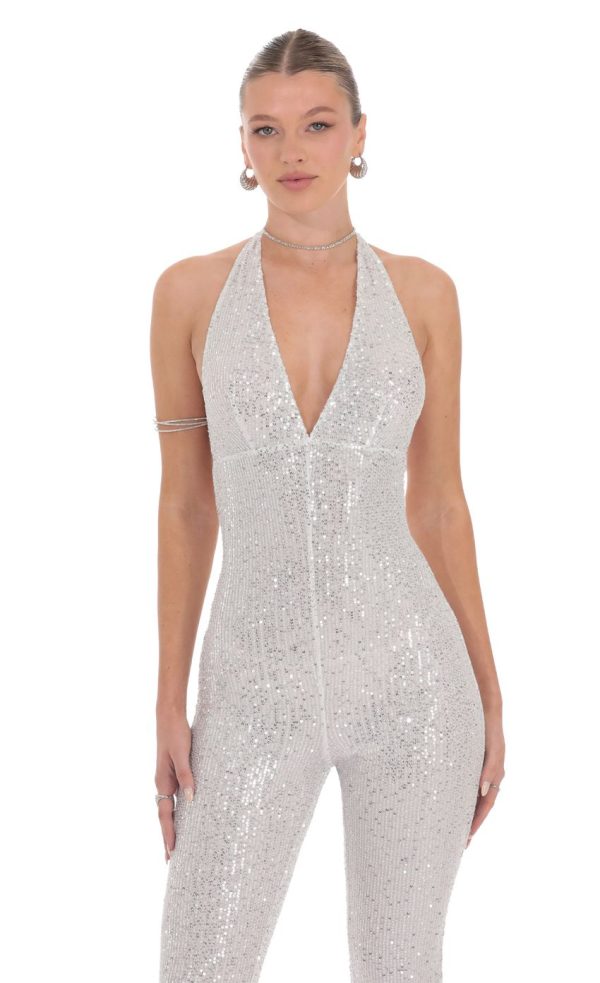 Sequin Halter Jumpsuit in White - Image 4