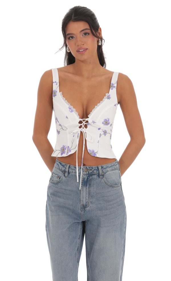 Floral Front Tie Vest Top in White