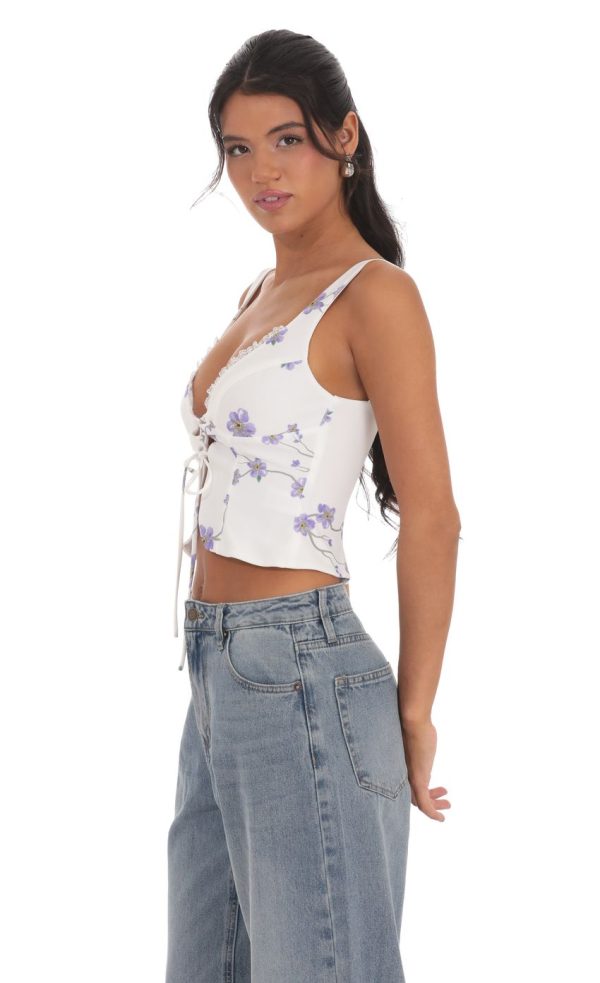 Floral Front Tie Vest Top in White - Image 3