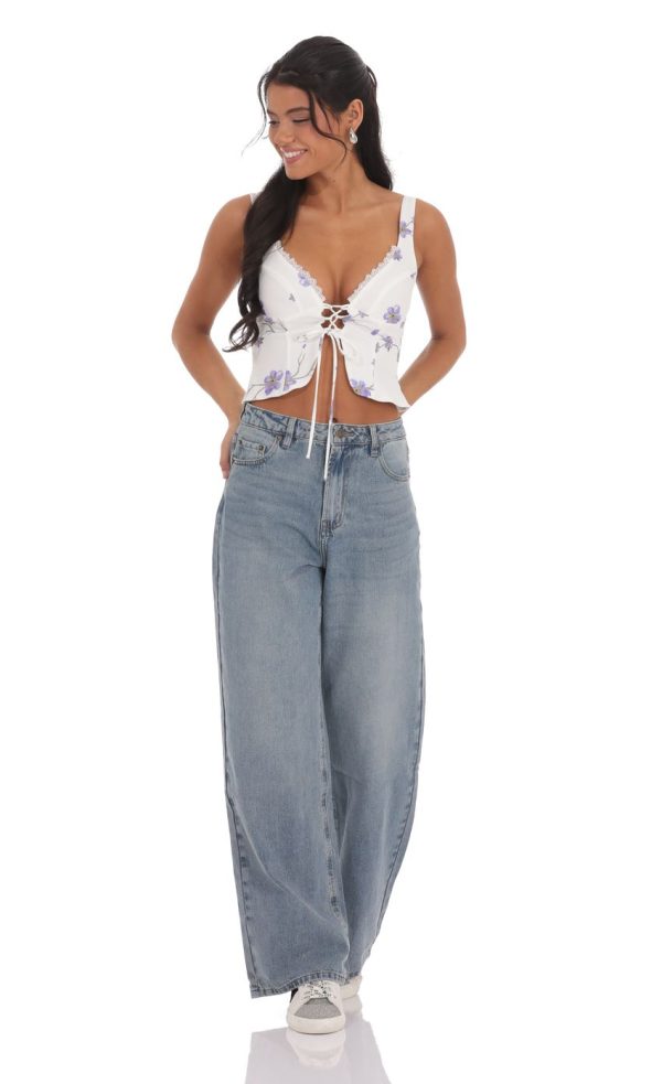 Floral Front Tie Vest Top in White - Image 4