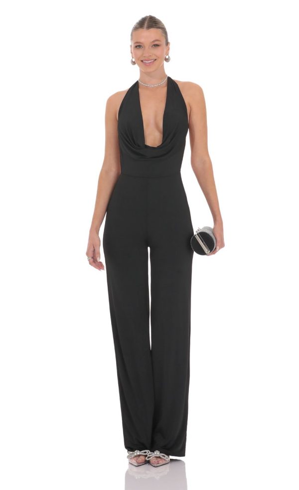 Halter Plunge Neck Jumpsuit in Black