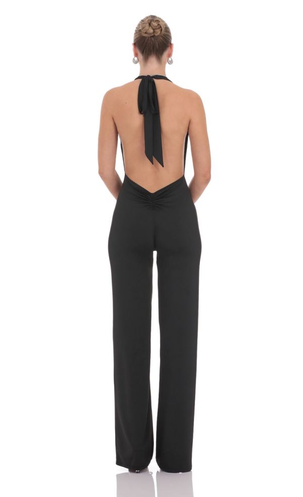 Halter Plunge Neck Jumpsuit in Black - Image 2