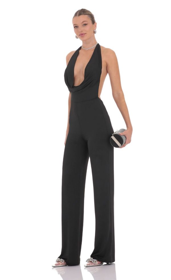 Halter Plunge Neck Jumpsuit in Black - Image 3