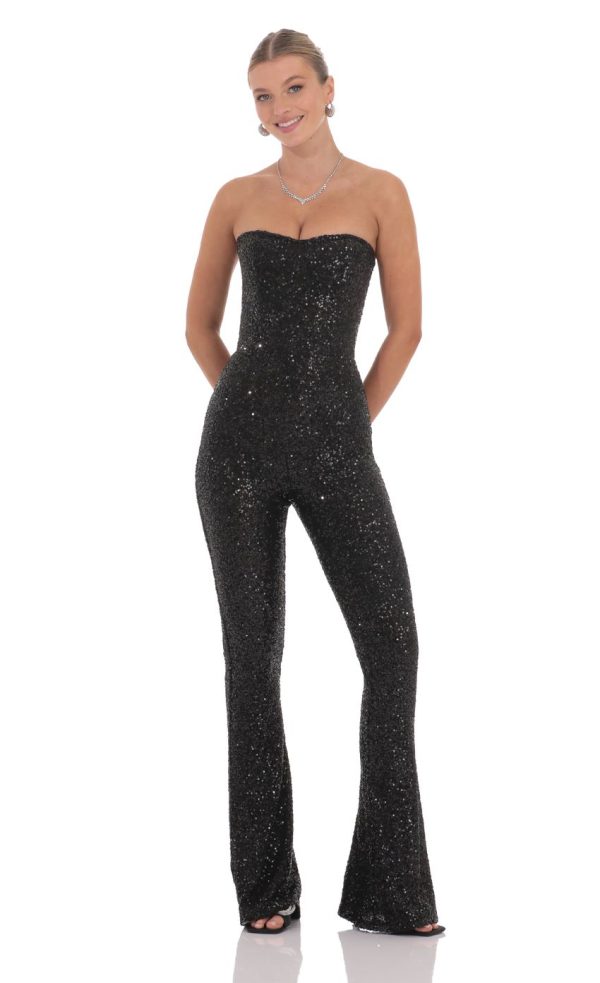 Sequin Strapless Corset Jumpsuit in Black