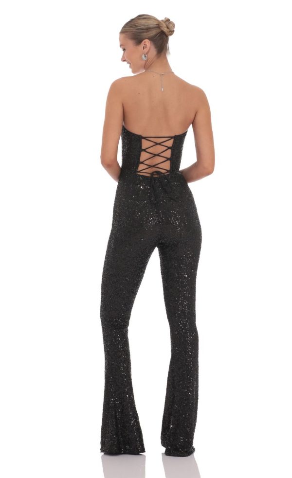 Sequin Strapless Corset Jumpsuit in Black - Image 2