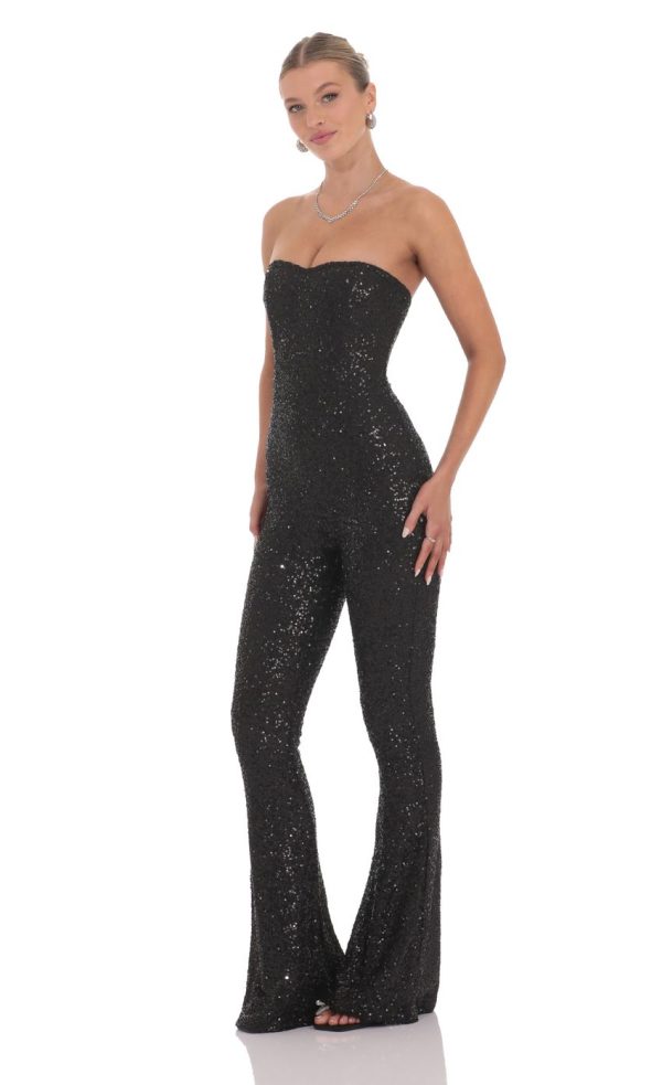 Sequin Strapless Corset Jumpsuit in Black - Image 3