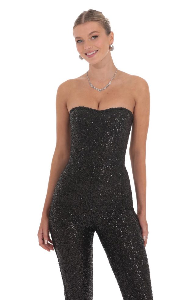 Sequin Strapless Corset Jumpsuit in Black - Image 4