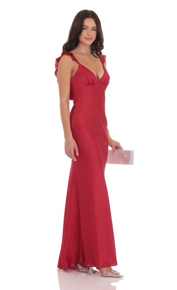 Satin Ruffle Open Maxi Dress in Red - Image 3