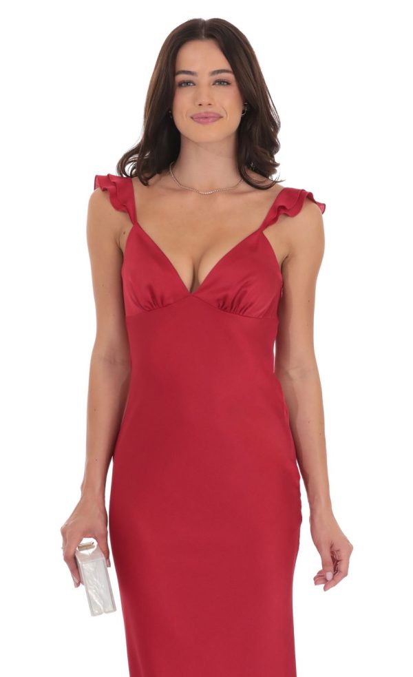Satin Ruffle Open Maxi Dress in Red - Image 4