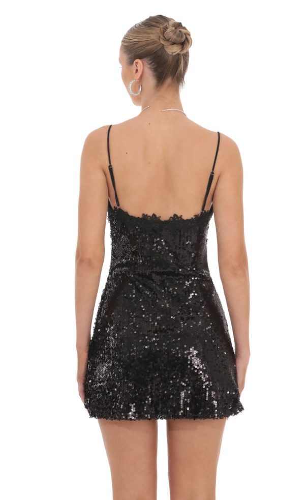 Floral Trim Sequin Dress in Black - Image 2