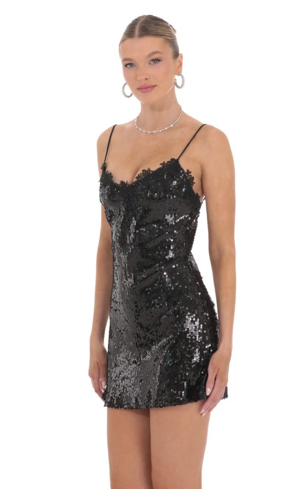 Floral Trim Sequin Dress in Black - Image 3