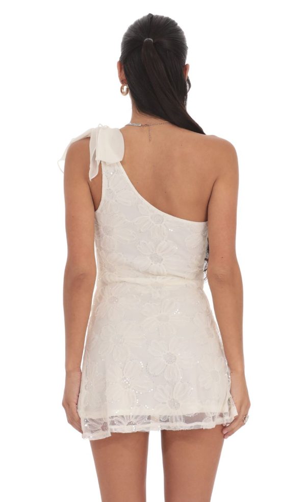 One Shoulder Sequin Floral Dress in Ivory - Image 2