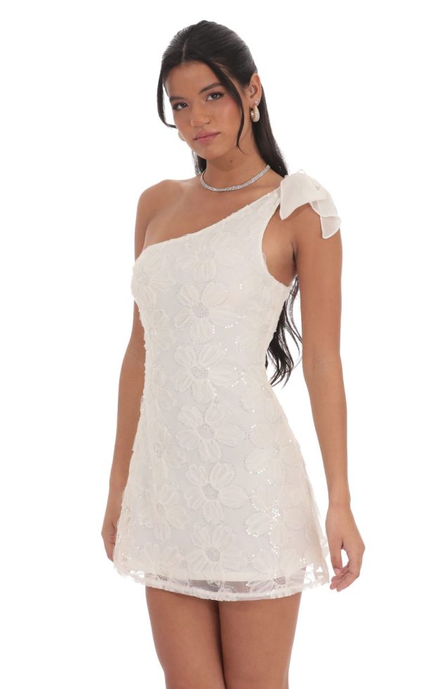 One Shoulder Sequin Floral Dress in Ivory - Image 3
