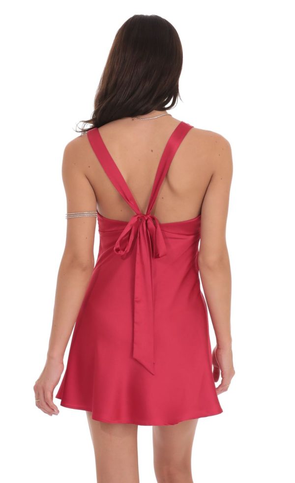 Satin V-Neck Open back Dress in Red - Image 2