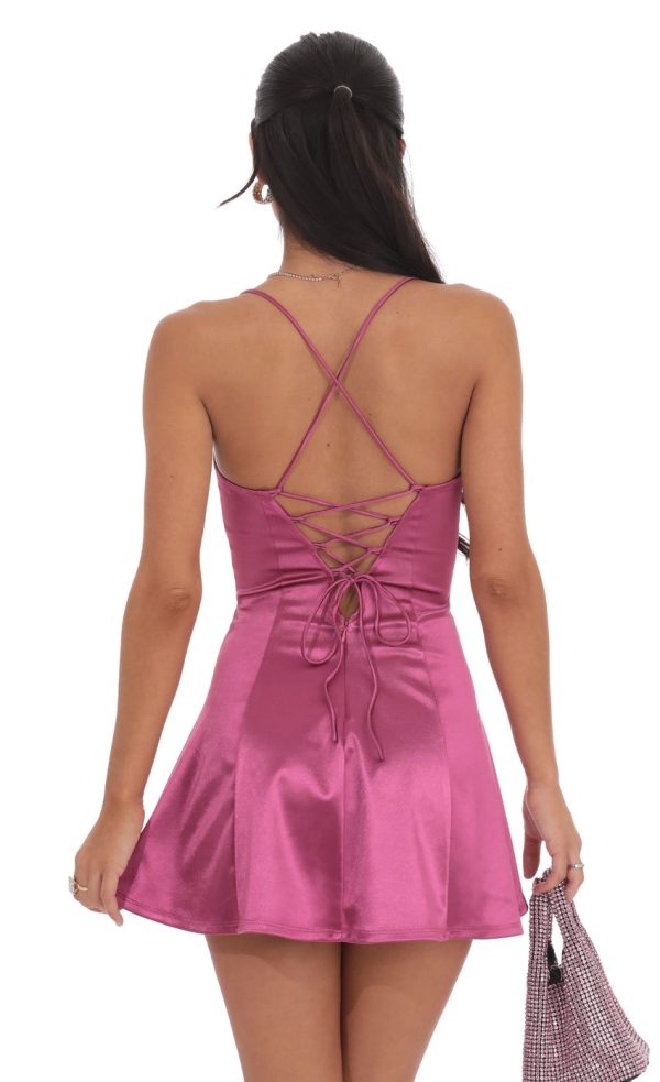 Satin Fit and Flare Dress in Magenta - Image 3