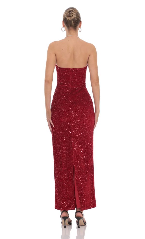 Velvet Sequin Strapless Maxi Dress in Red - Image 2