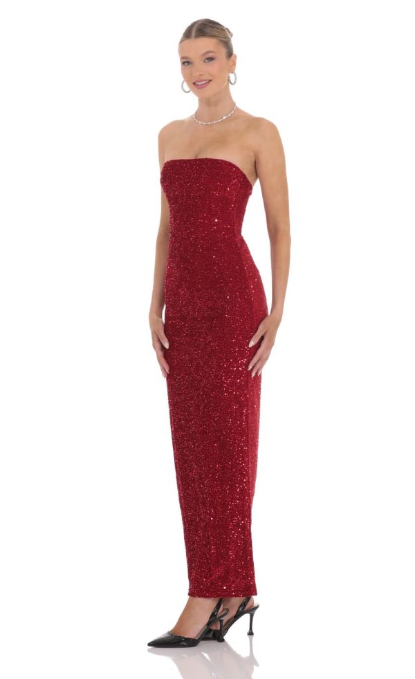 Velvet Sequin Strapless Maxi Dress in Red - Image 3