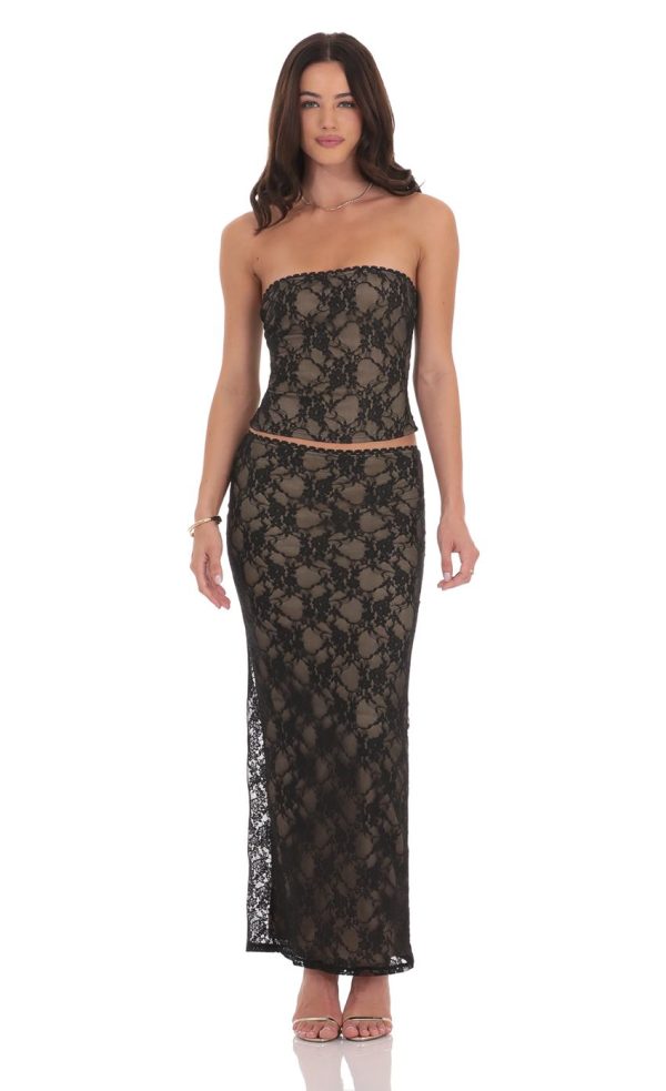 Lace Strapless Two Piece Set in Black