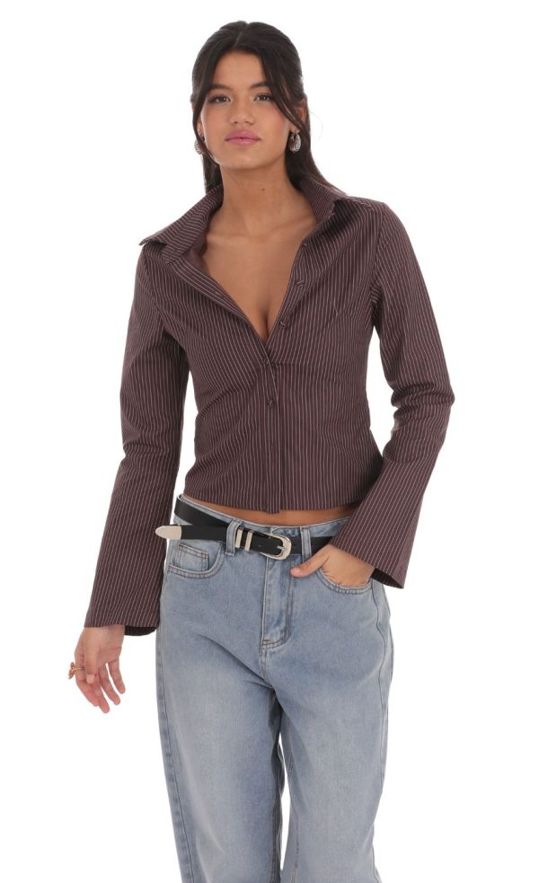 Pinstripe Button-Up Shirt in Brown