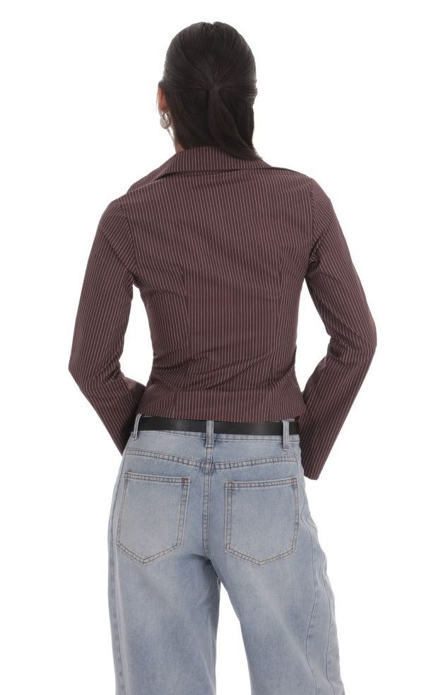 Pinstripe Button-Up Shirt in Brown - Image 2