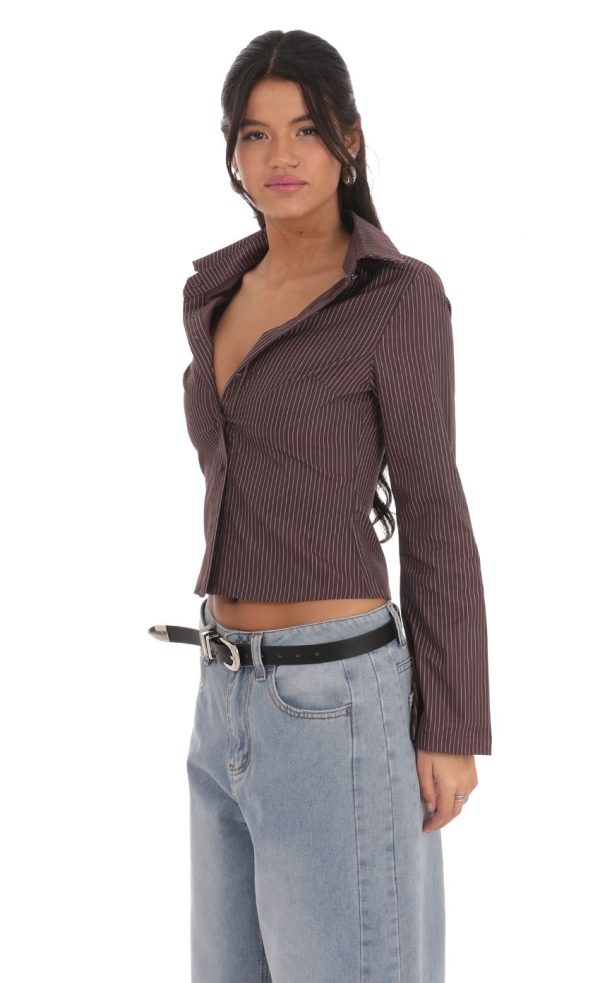 Pinstripe Button-Up Shirt in Brown - Image 3