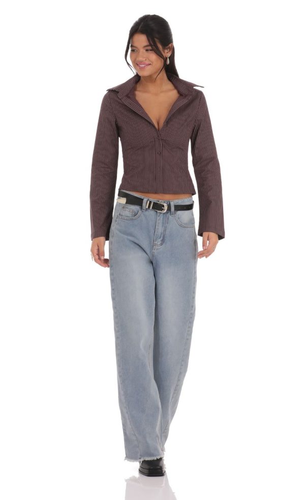 Pinstripe Button-Up Shirt in Brown - Image 4