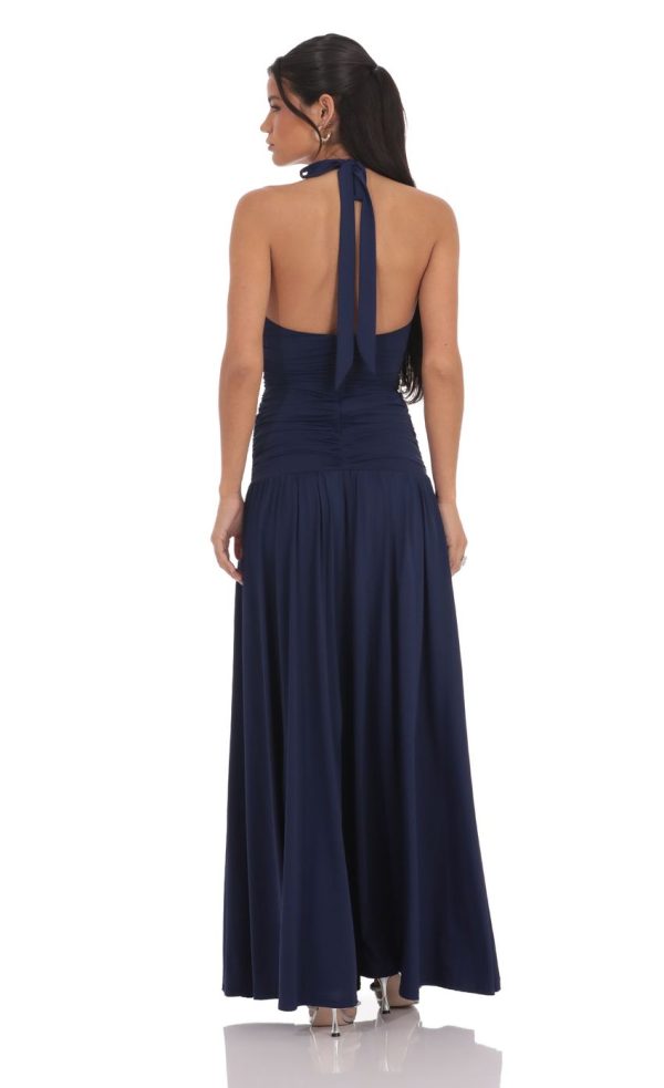 Halter Drop Waist Maxi Dress in Navy - Image 2