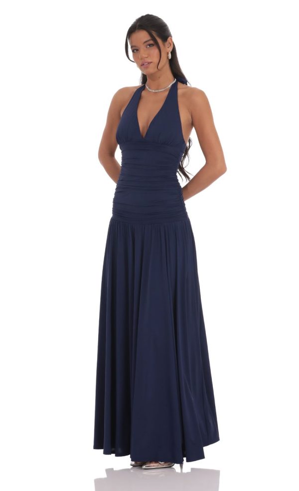 Halter Drop Waist Maxi Dress in Navy - Image 3