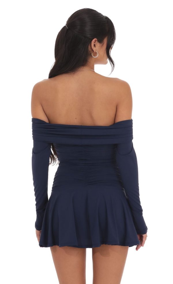 Off Shoulder Ruched Flare Dress in Navy - Image 2