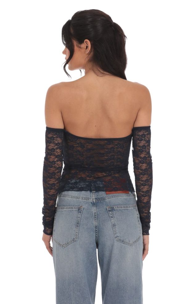 Off Shoulder Lace Flyaway Top in Navy - Image 2