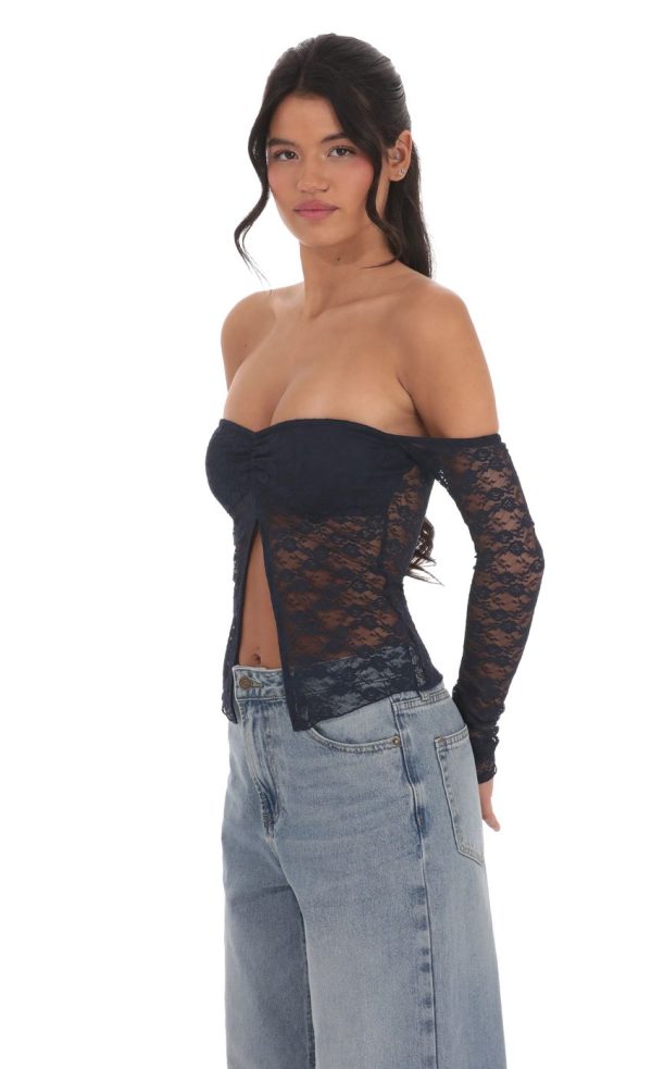 Off Shoulder Lace Flyaway Top in Navy - Image 3
