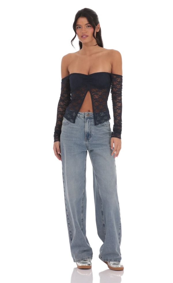 Off Shoulder Lace Flyaway Top in Navy - Image 4