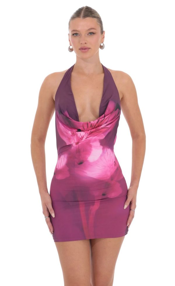 Floral Plunge Neck Bodycon Dress in Plum