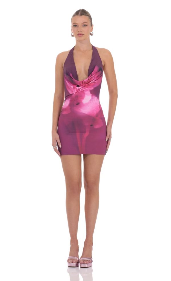 Floral Plunge Neck Bodycon Dress in Plum - Image 4