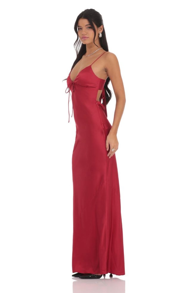 Satin Back Tie Maxi Dress in Red - Image 3