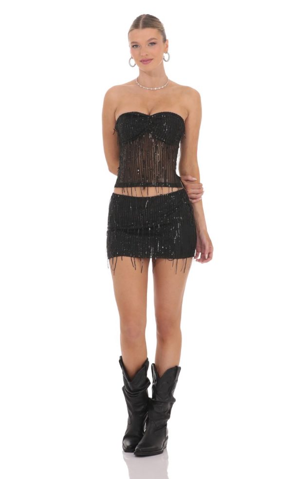 Fringe Sequin Skirt in Black - Image 4