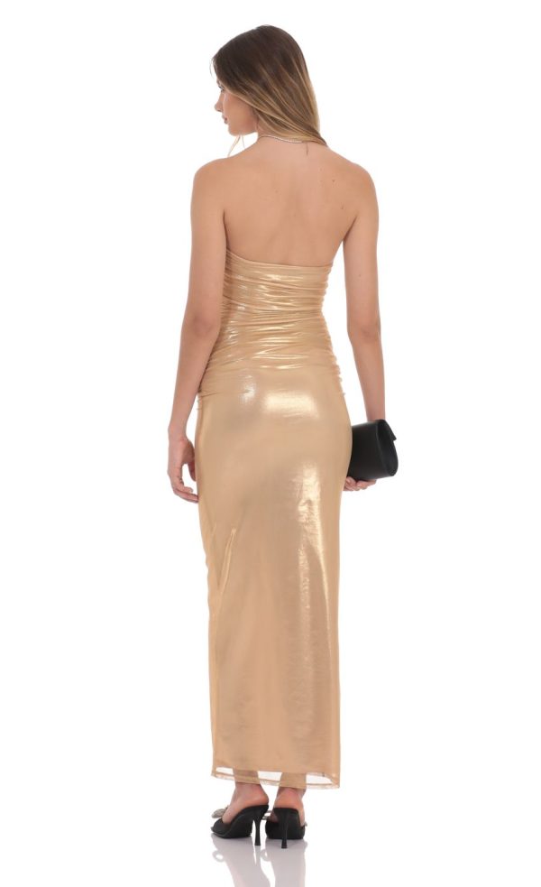 Strapless Metallic Mesh Maxi Dress in Gold - Image 2