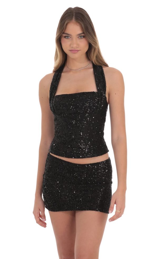 Sequin Halter Top in Black