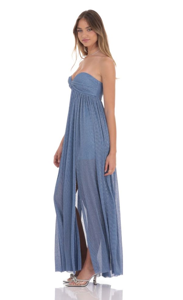 Pleated Shimmer Twist Maxi Dress in Blue - Image 3